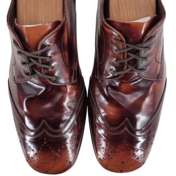 Prada Italy Mens 7.5 Distressed Brown Leather Wingtip Derby Oxfords Dress Shoes - Picture 2 of 13